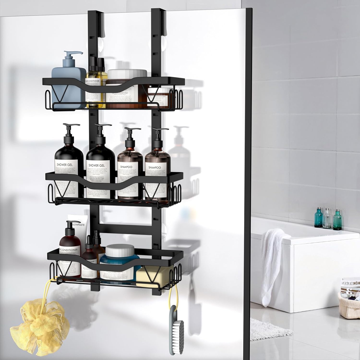 Étagère de douche suspendue - 3 paniers réglables, sans perçage, noir, organiseur 3 couches