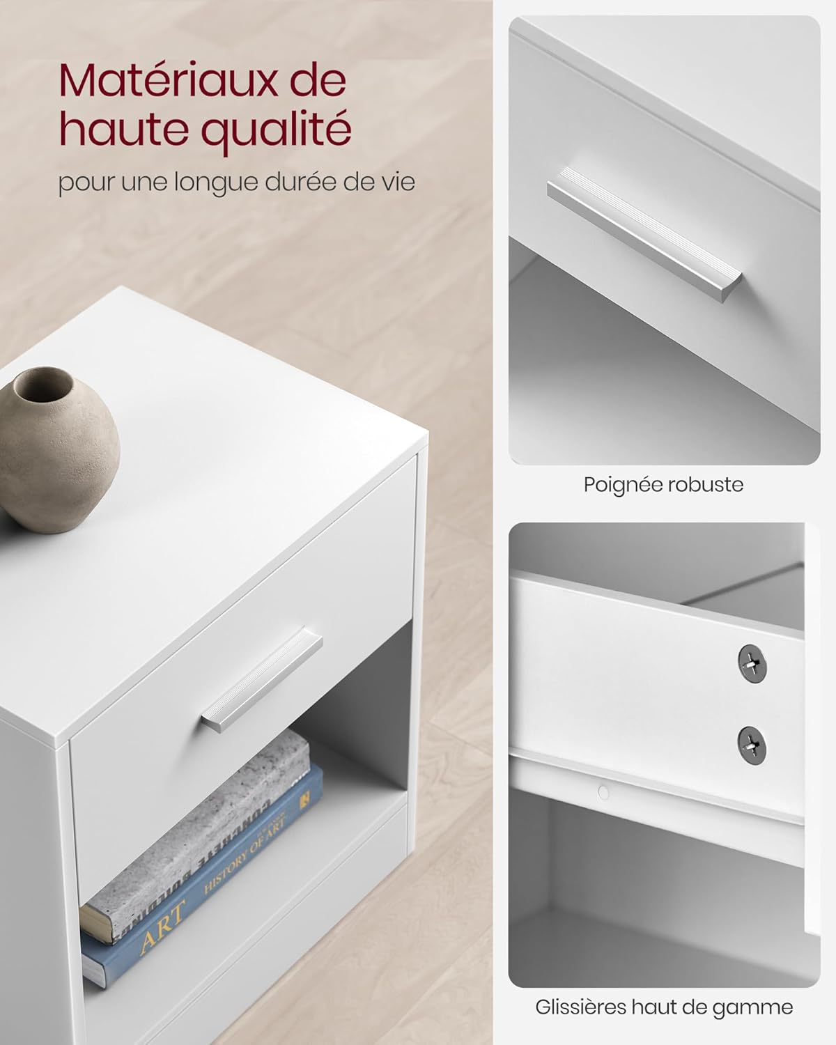 VASAGLE - table de nuit LET619T14 - blanc - tiroir, poignée, compartiment