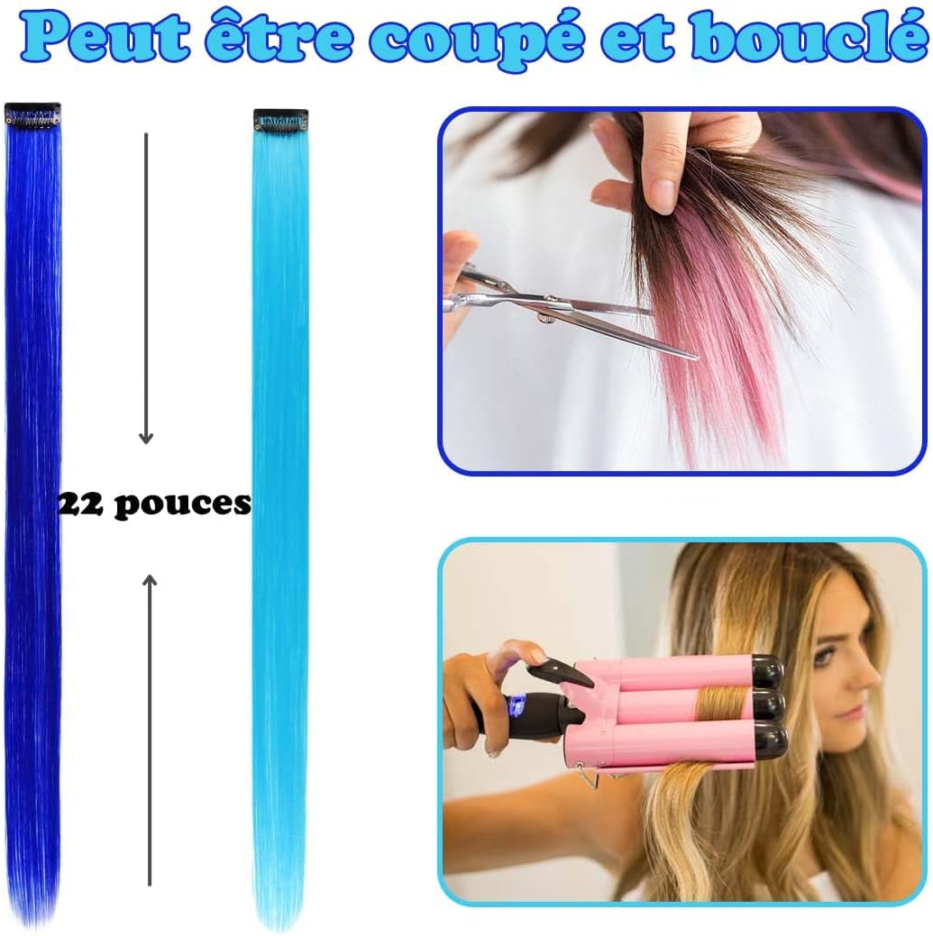 Extensions de cheveux - 12 pièces, bleu et bleu sarcelle, à clipser
