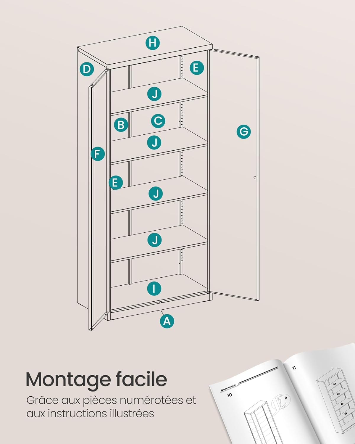SONGMICS - meuble de rangement - 40x60x180 cm - acier, 5 niveaux, portes verrouillables, étagères réglables, OMC014B01