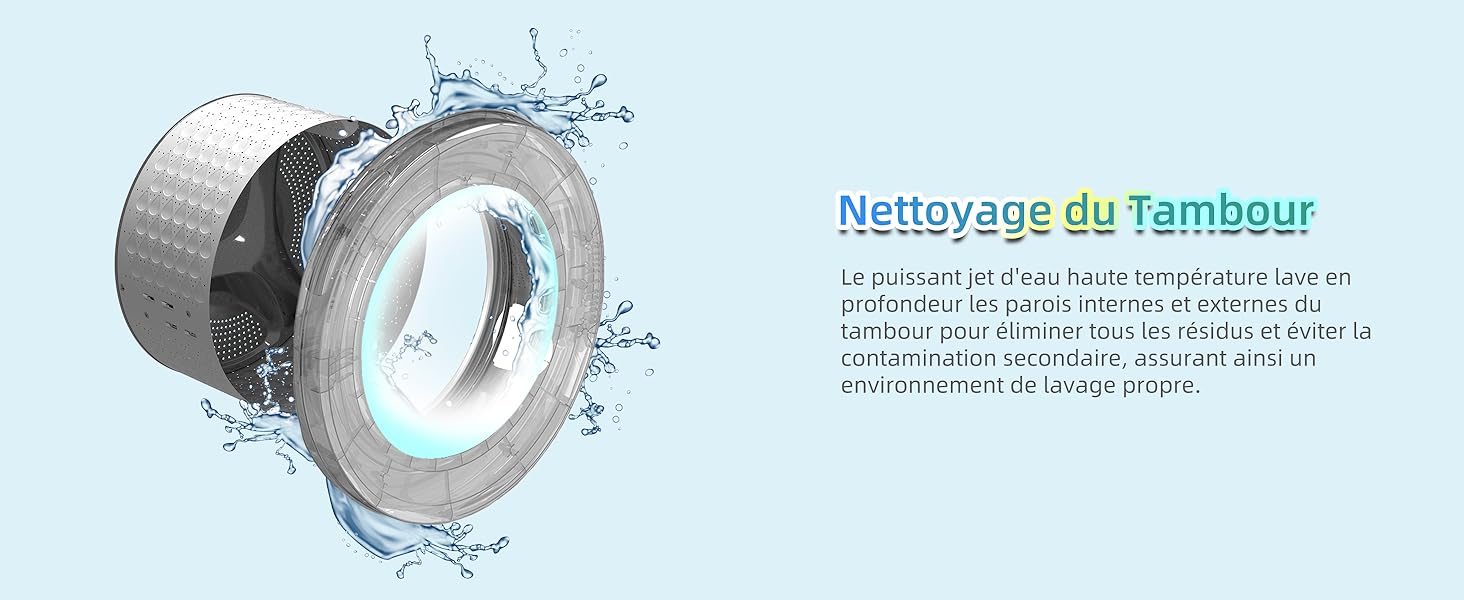 Tambour de machine à laver avec des éclaboussures d'eau autour de celui-ci, illustrant une fonction d'auto-nettoyage. Le texte en français décrit le processus de nettoyage du tambour.