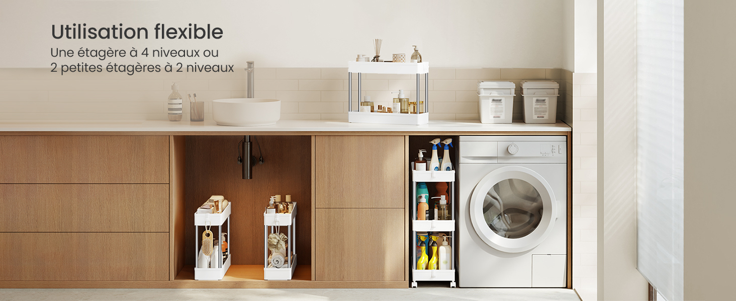 Le texte indique « Utilisation flexible ». Intérieur de cuisine moderne avec armoires en bois et appareils intégrés présentant des solutions de rangement flexibles.