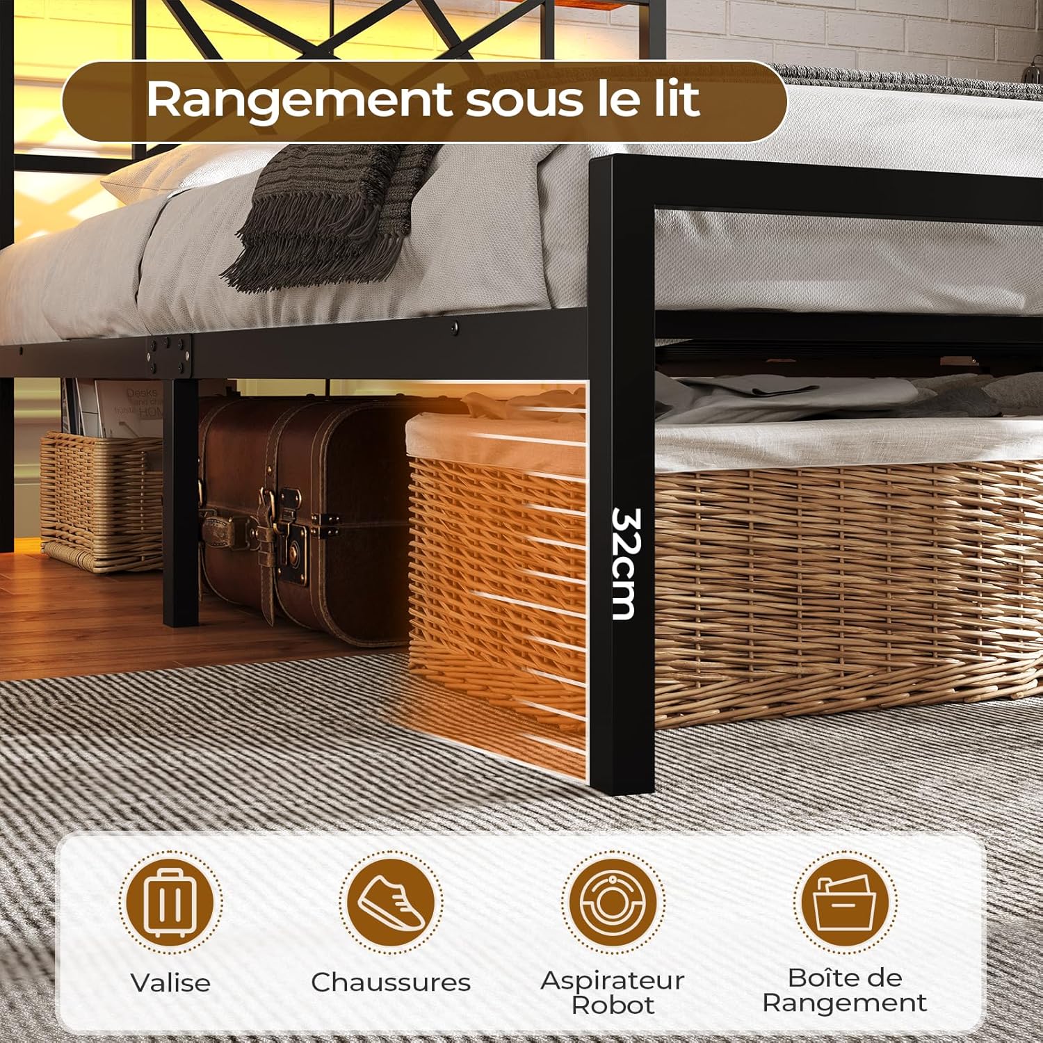 DICTAC - Lit métal LED, 90x200 cm, tête LED, ports USB, rangement