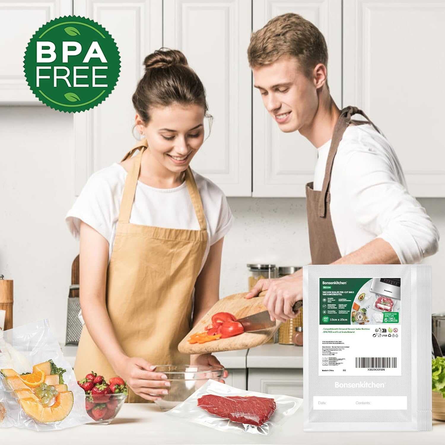 Bonsenkitchen - Sacs sous vide VB3204 - 15x25 cm - Lot 100, gaufrés, cuisson & conservation