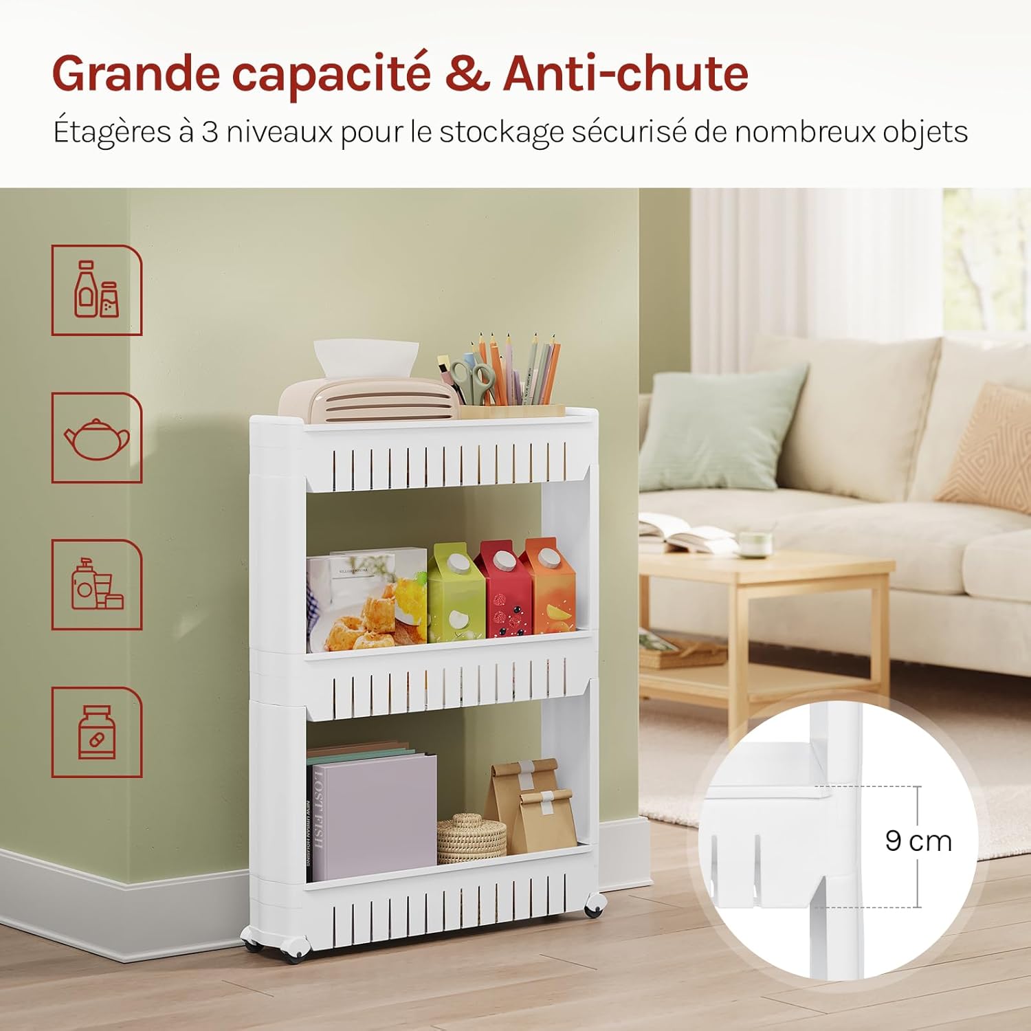 WOLTU - Étagère à roulettes 3 compartiments, compact, blanc