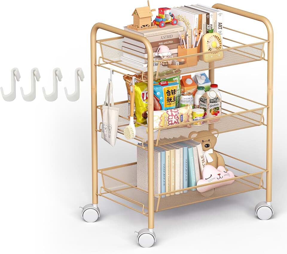 Chariot métallique - 3 étagères, poignées, roulettes, orange, cuisine