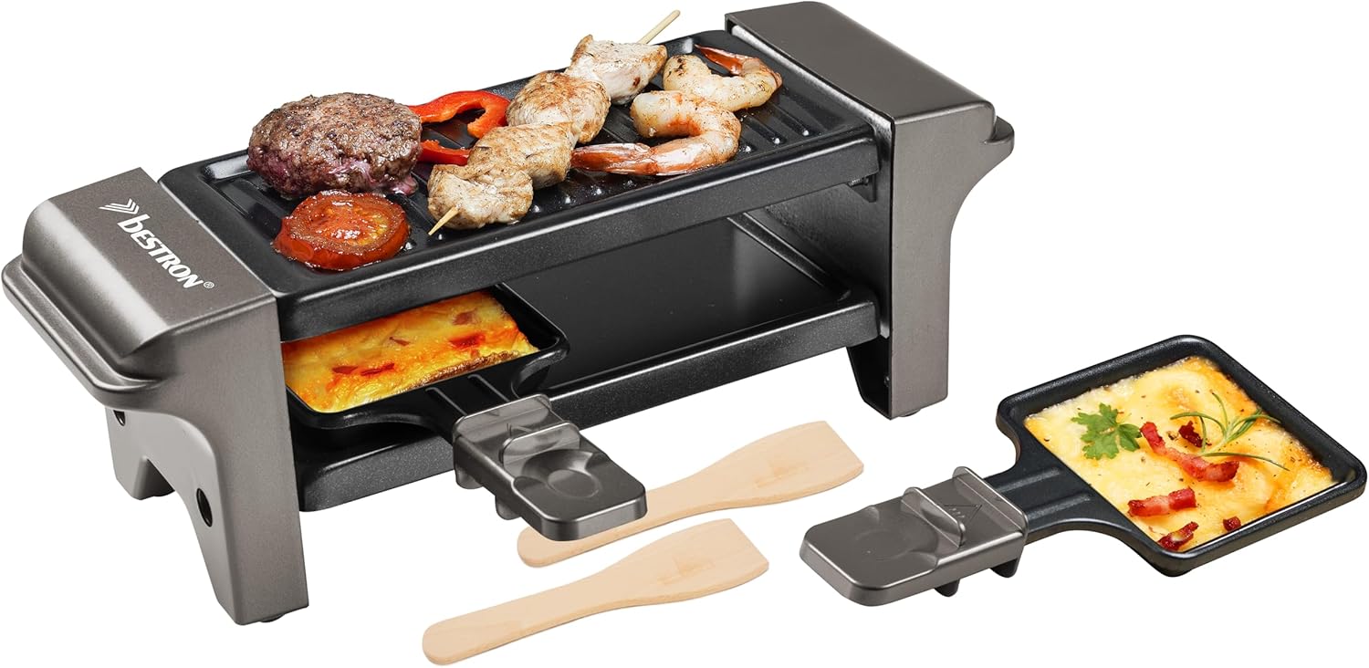 Bestron - Mini raclette/grill 350W - 2 poêlons, antiadhésif, compact