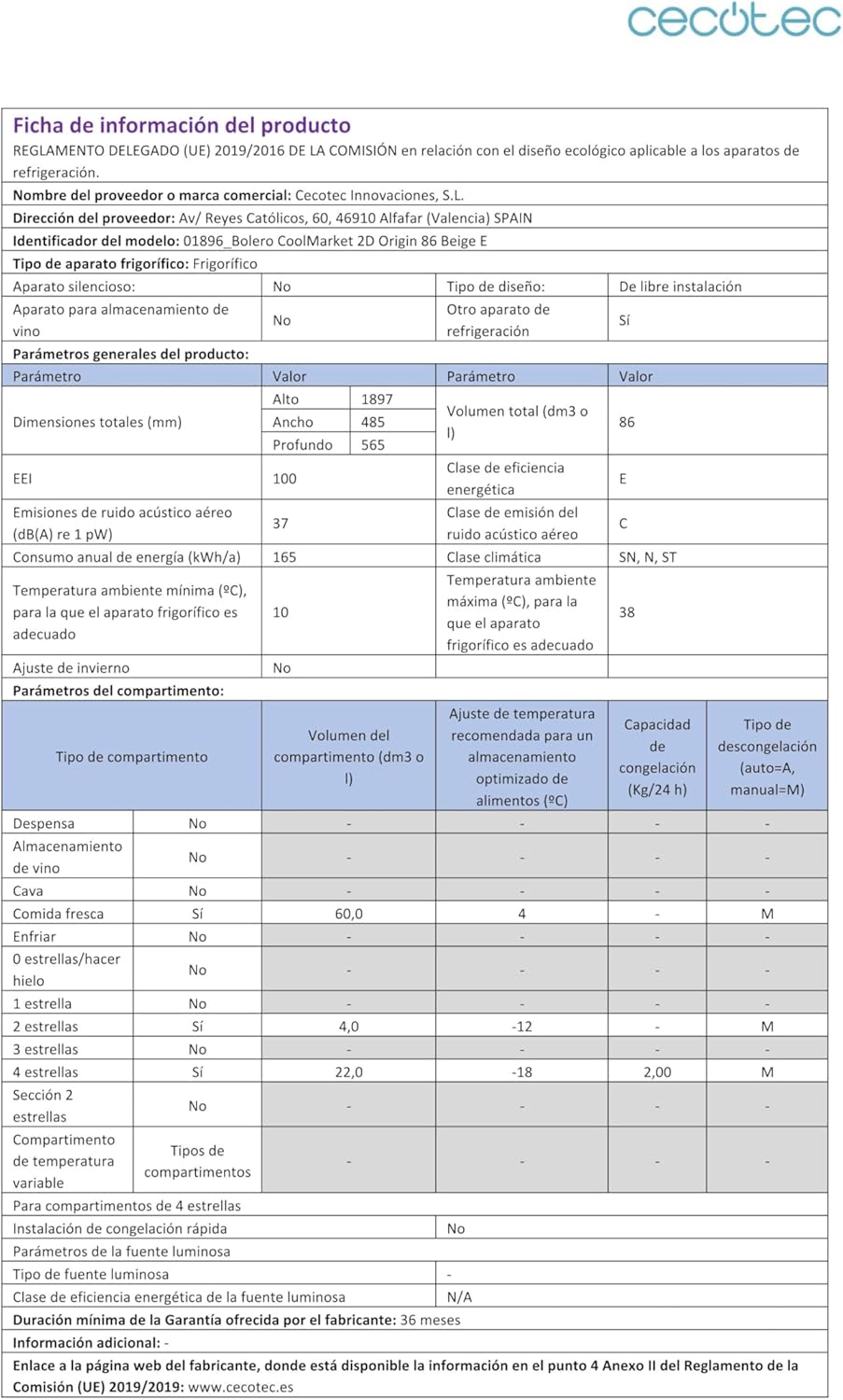 Cecotec - Bolero CoolMarket 2D Origin - 86L - No Frost, LED, Classe E