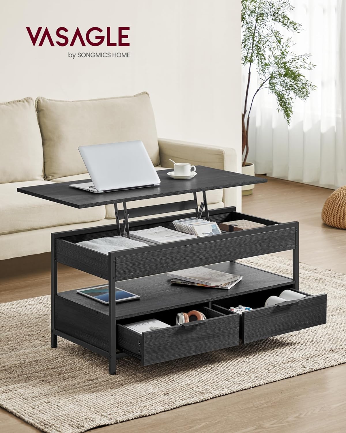 VASAGLE - table basse relevable série LCT209B22, tiroirs et rangement, gris anthracite  LCT209B22