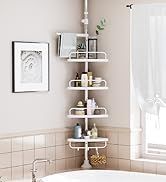 , blanc, avec quatre étagères réglables, permettant de maintenir divers produits de salle de bain contre un mur carrelé beige