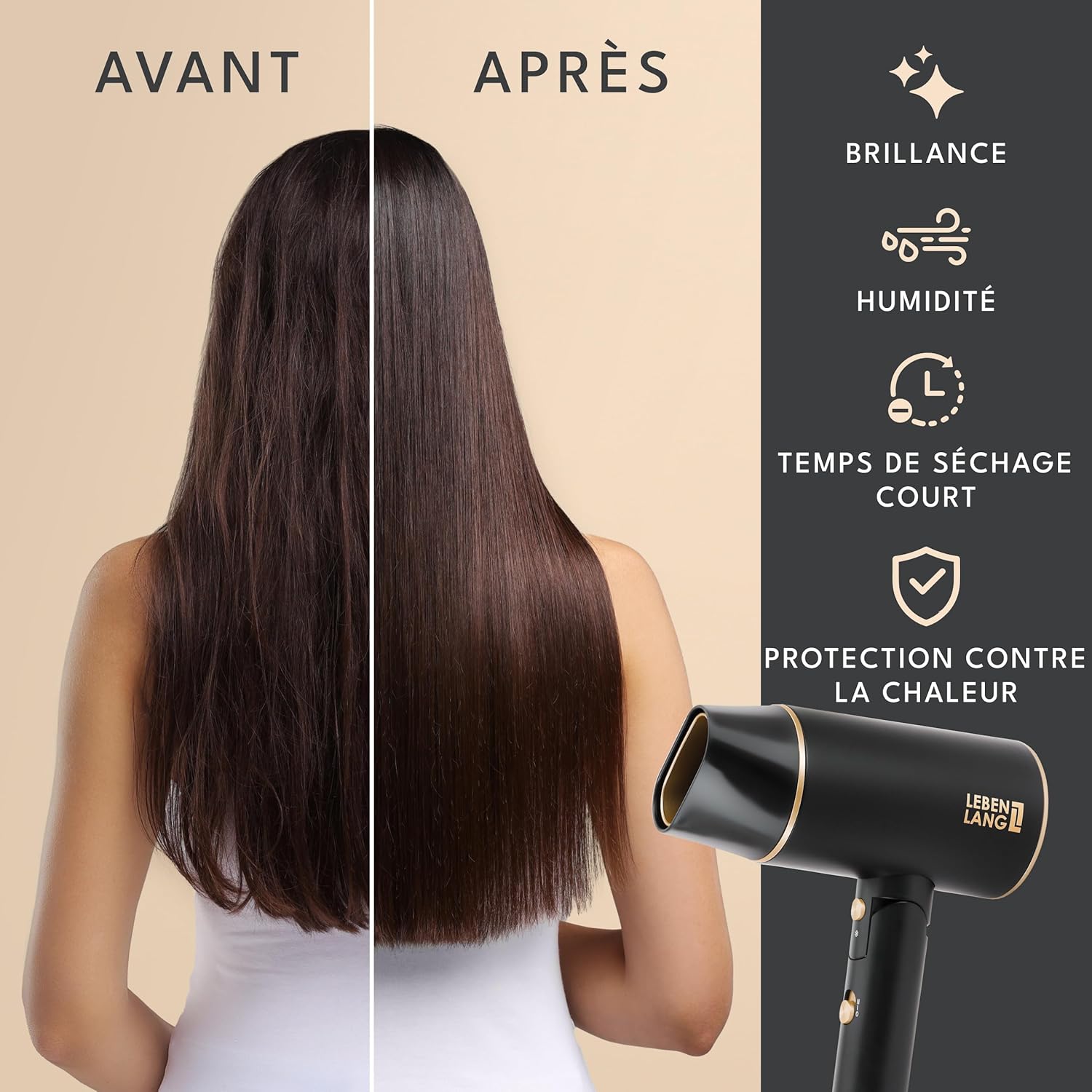 LEBENLANG - Sèche-cheveux compact pliable 2100W, ions & froid, Noir
