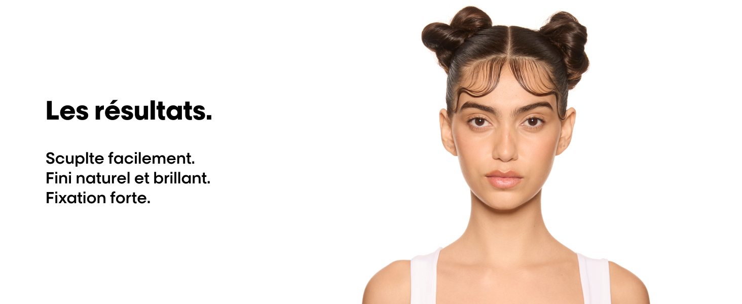 Le texte se lit comme suit : « Les résultats », « Souples facilement » et « Fini naturel et brillant ». Publicité de produit montrant un débardeur blanc basique.