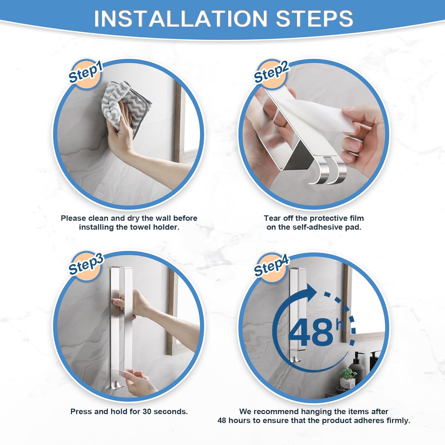 Porte-serviettes sans perçage - inox 304 brossé - argent - adhésif, crochets