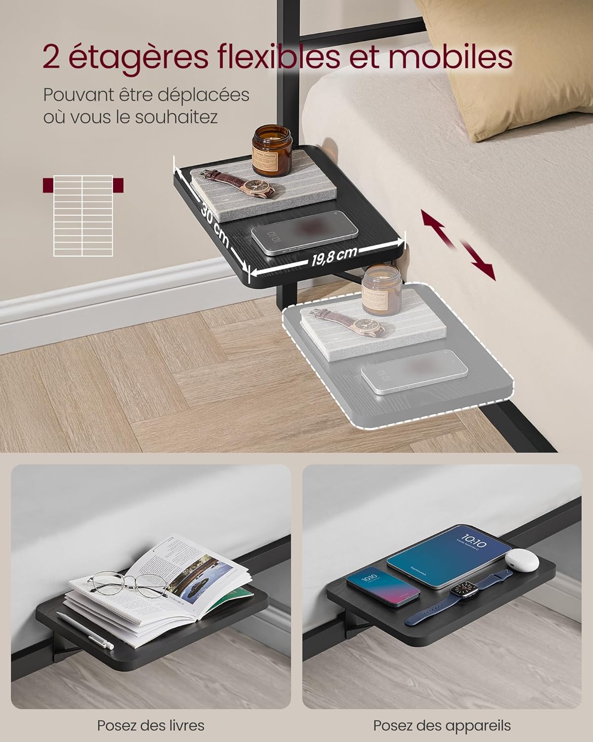 VASAGLE - cadre lit ado, métal, 90x190 cm, étagères, montage facile RMB191BD01