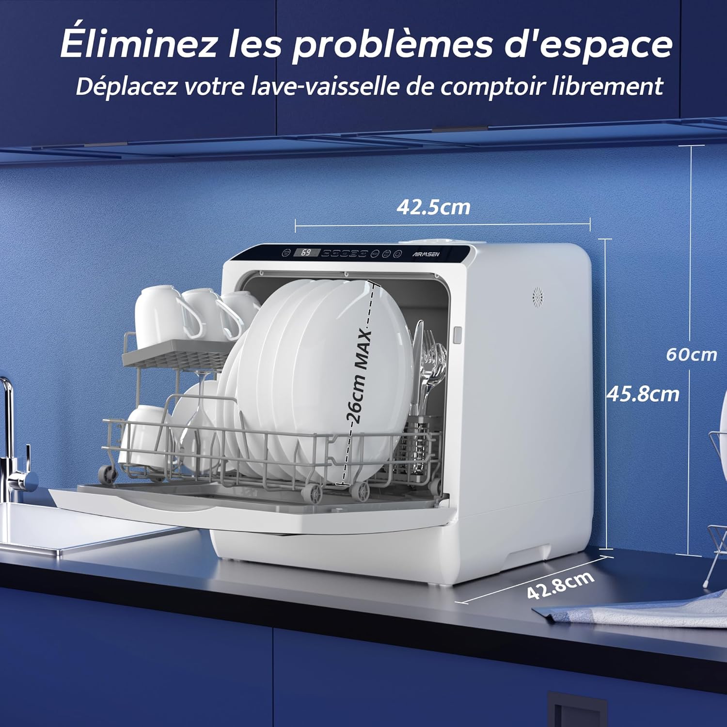 AIRMSEN - Mini lave-vaisselle compact, 5L, écran LED tactile, 5+1 programmes