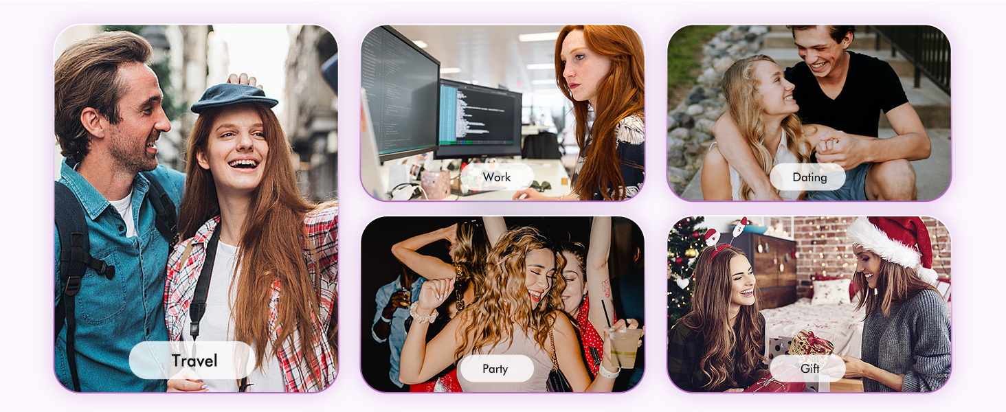 Collage de cinq images montrant des groupes de personnes dans des environnements sociaux, notamment en train de dîner, en travaillant sur des ordinateurs portables et en ayant des interactions informelles.