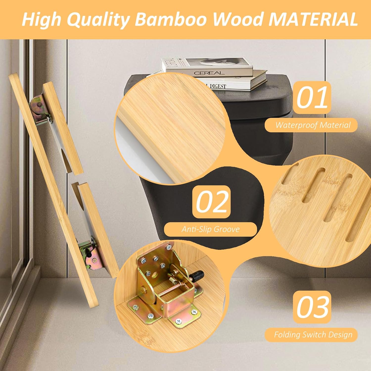 Tabouret de toilette bambou - pliable, ergonomique, portable - confort intestinal