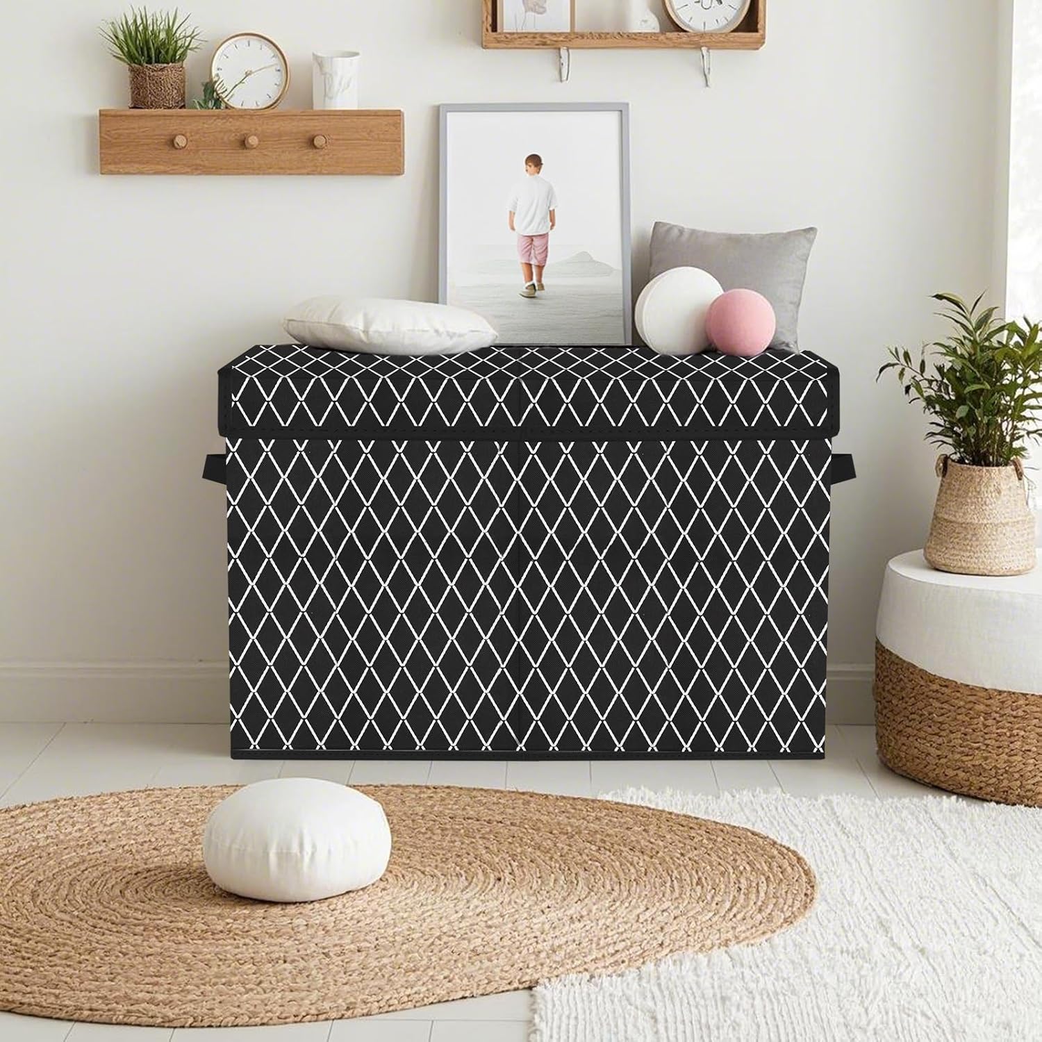 Boîte à jouets - coffre motif carreaux noirs, poignées, couvercle, rangement chambre enfant