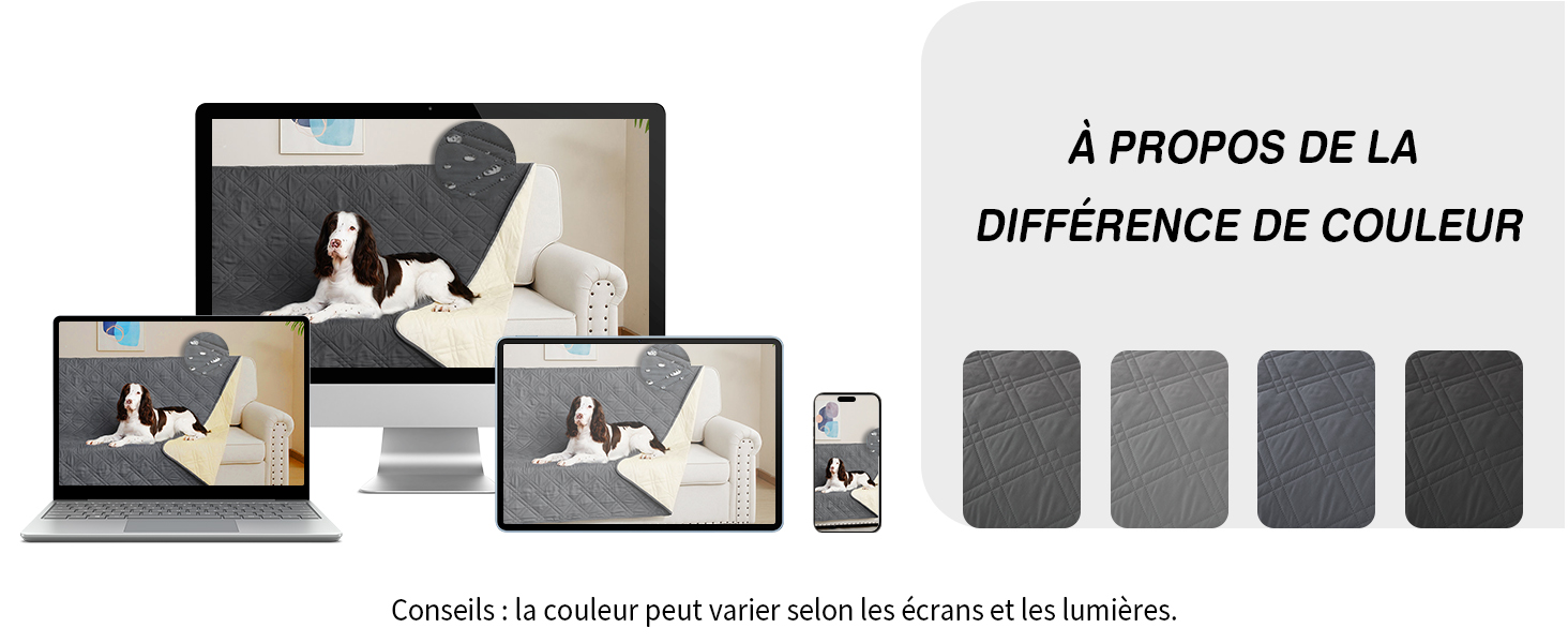 Plusieurs appareils numériques affichant la même image d'une personne sur fond blanc. Texte en français sur les différences de couleurs.