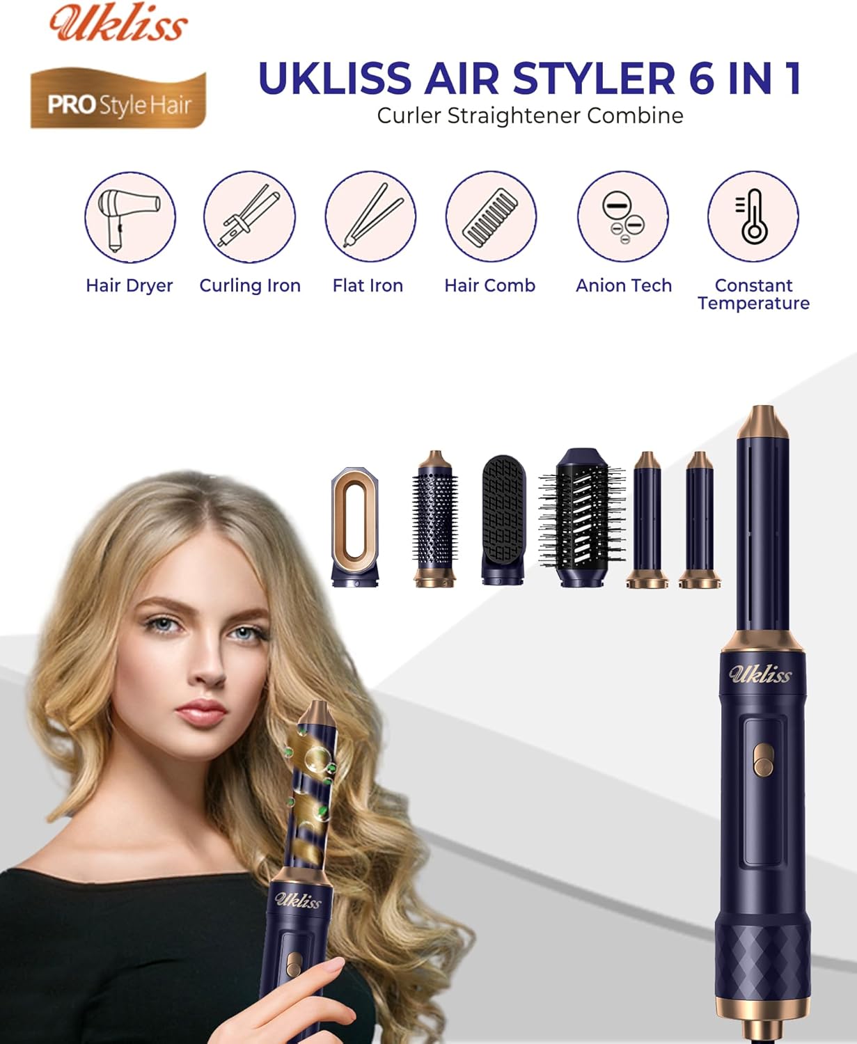 UKLISS - Air Styler 6 en 1 - sèche-cheveux brushing ionique, boucleur, lisseur, brosse chauffante - Gold Blu