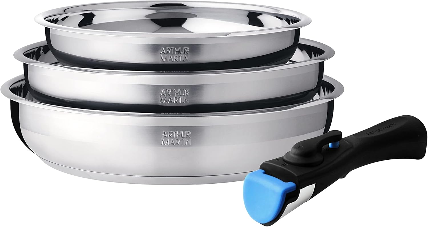 Arthur Martin - Set 3 poêles inox - poignées amovibles induction AM2208