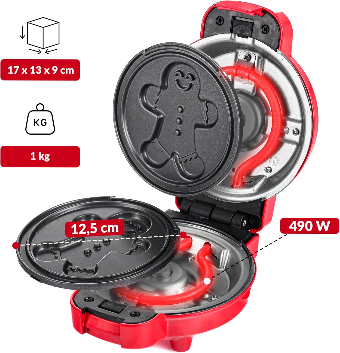 LEHMANN - Mini gaufrier, 4 formes, plaques amovibles, rouge, antiadhésif