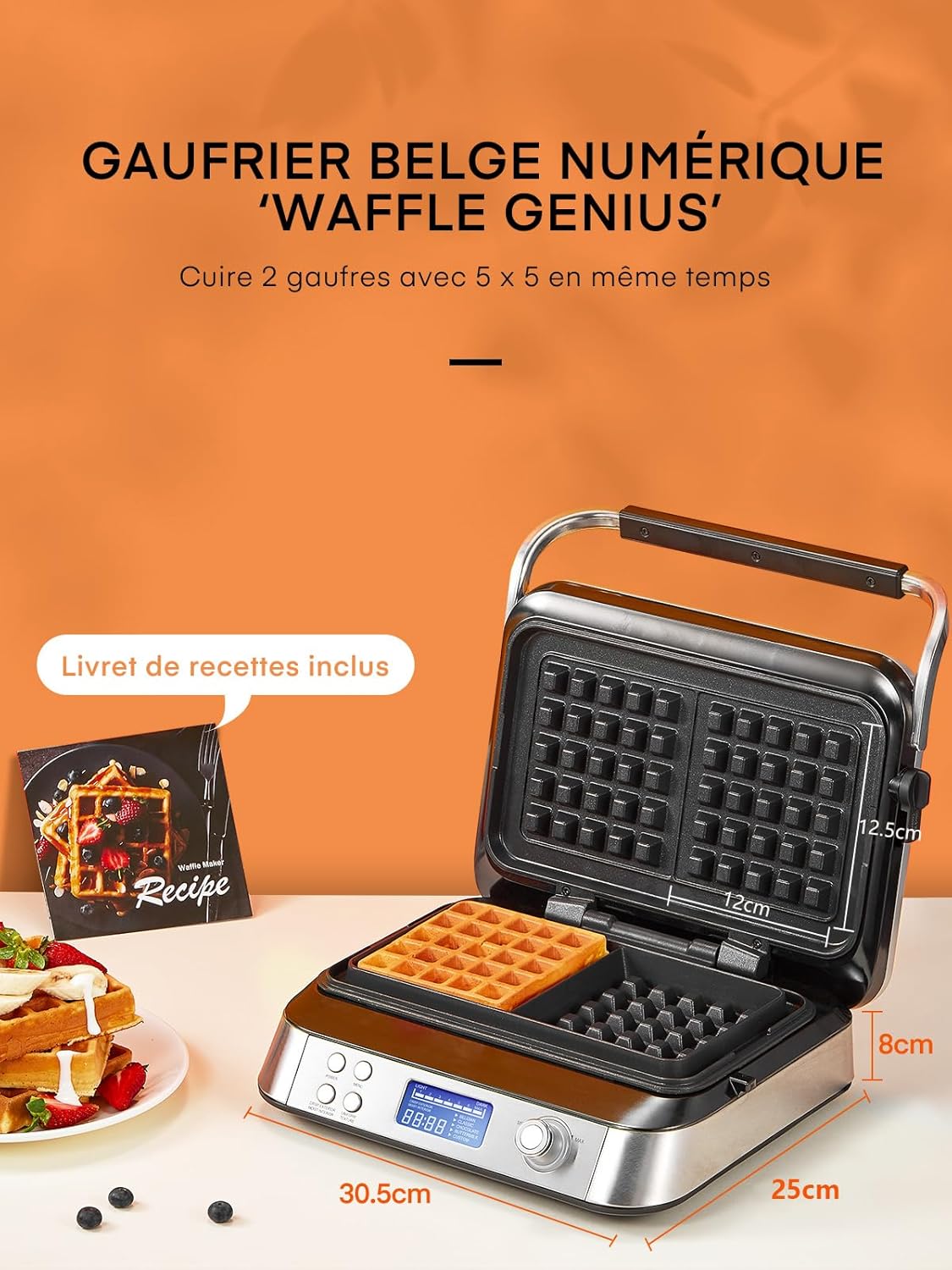 Gaufrier belge - double, inox, 2 tranches, LED, 5 programmes, 7 niveaux