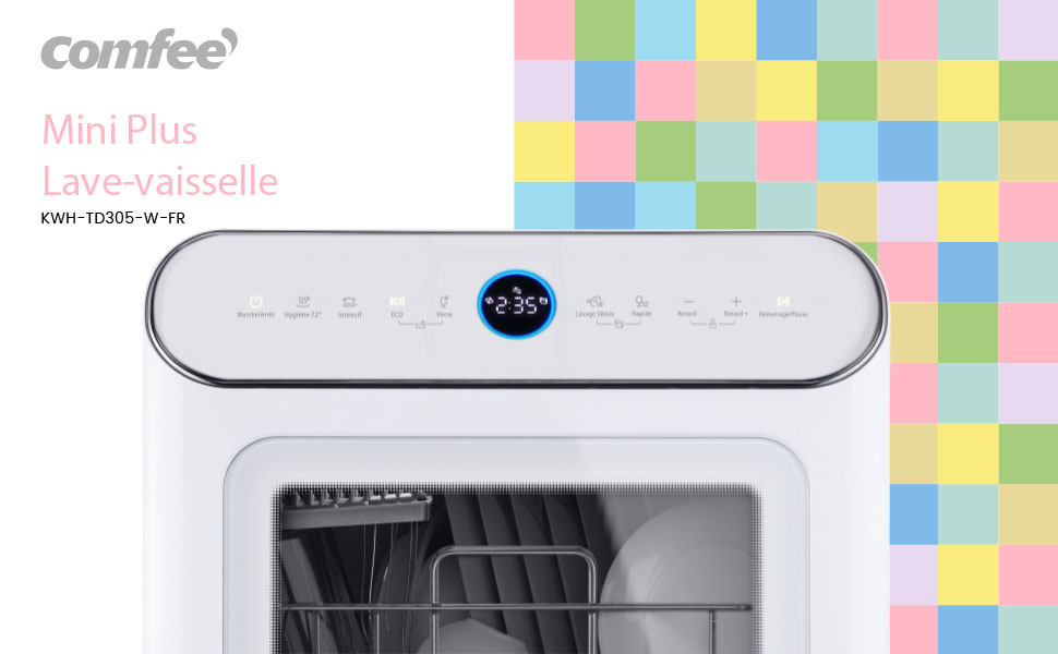 Le texte montre « Comfee Mini Plus » et « Lave-vaisselle ». Le produit semble être un lave-vaisselle compact avec un extérieur blanc et un panneau de commande numérique à l'avant.