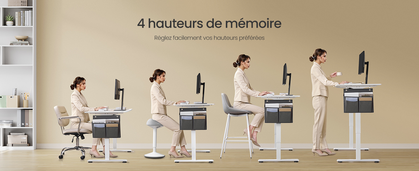 Illustration à quatre panneaux montrant un bureau réglable à différentes hauteurs, illustrant les paramètres de mémorisation de la hauteur pour une configuration ergonomique de l'espace de travail