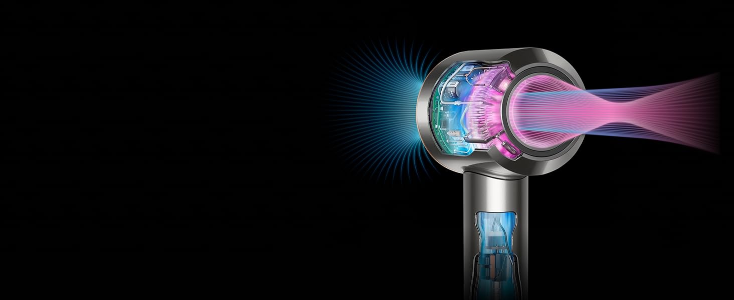 Un plan en coupe du Dyson Supersonic montrant les composants internes et le flux d’air projeté.