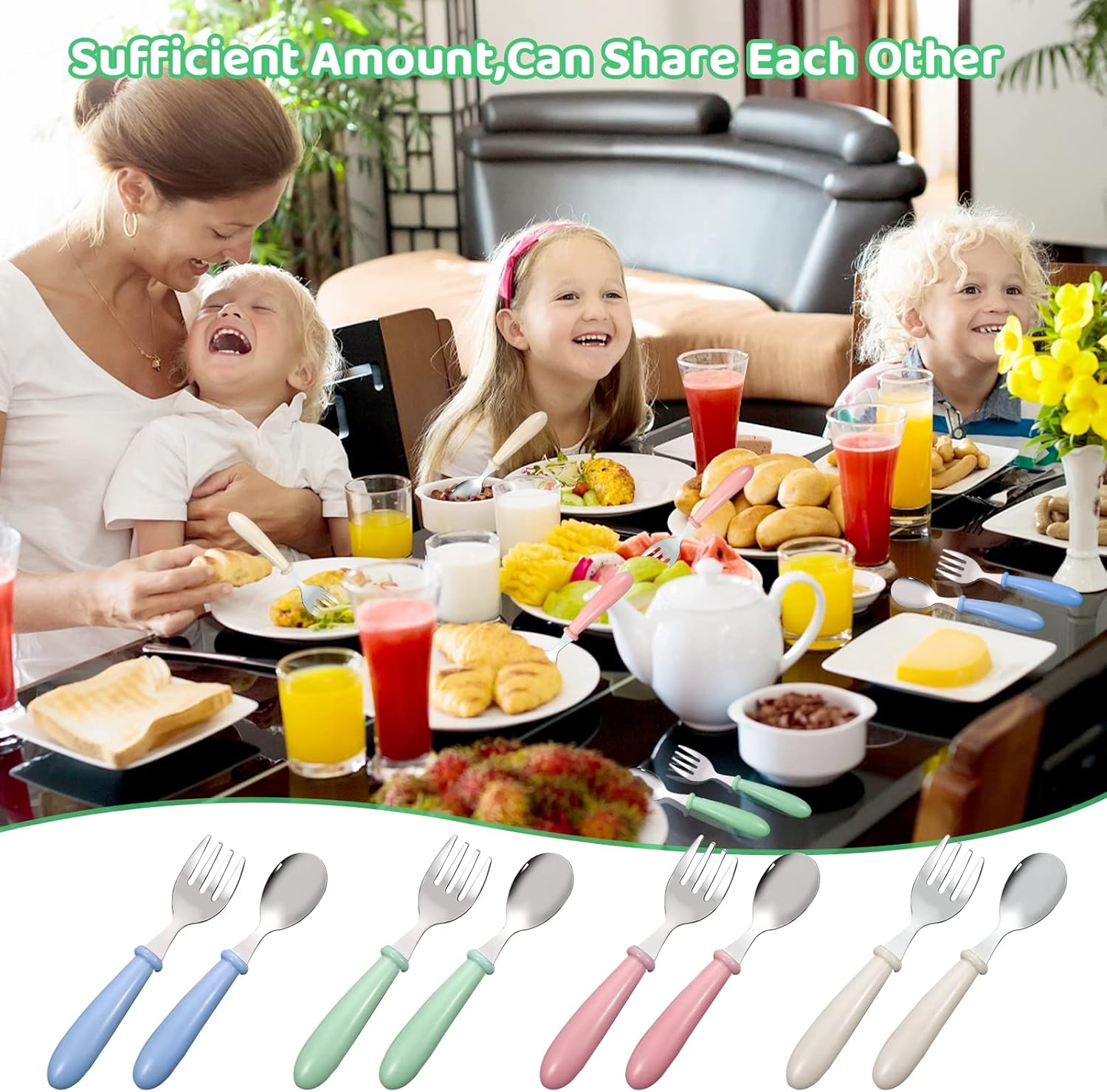 Couverts enfants inox 8 pièces - poignée ronde - coloris variés