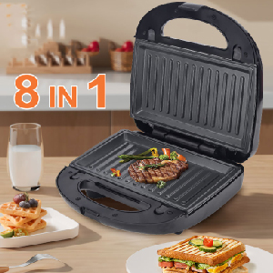 Le texte indique « 8 EN 1 ». Vues multiples d'une machine à sandwich/grill électrique noire montrant différentes positions de cuisson et des plats préparés.