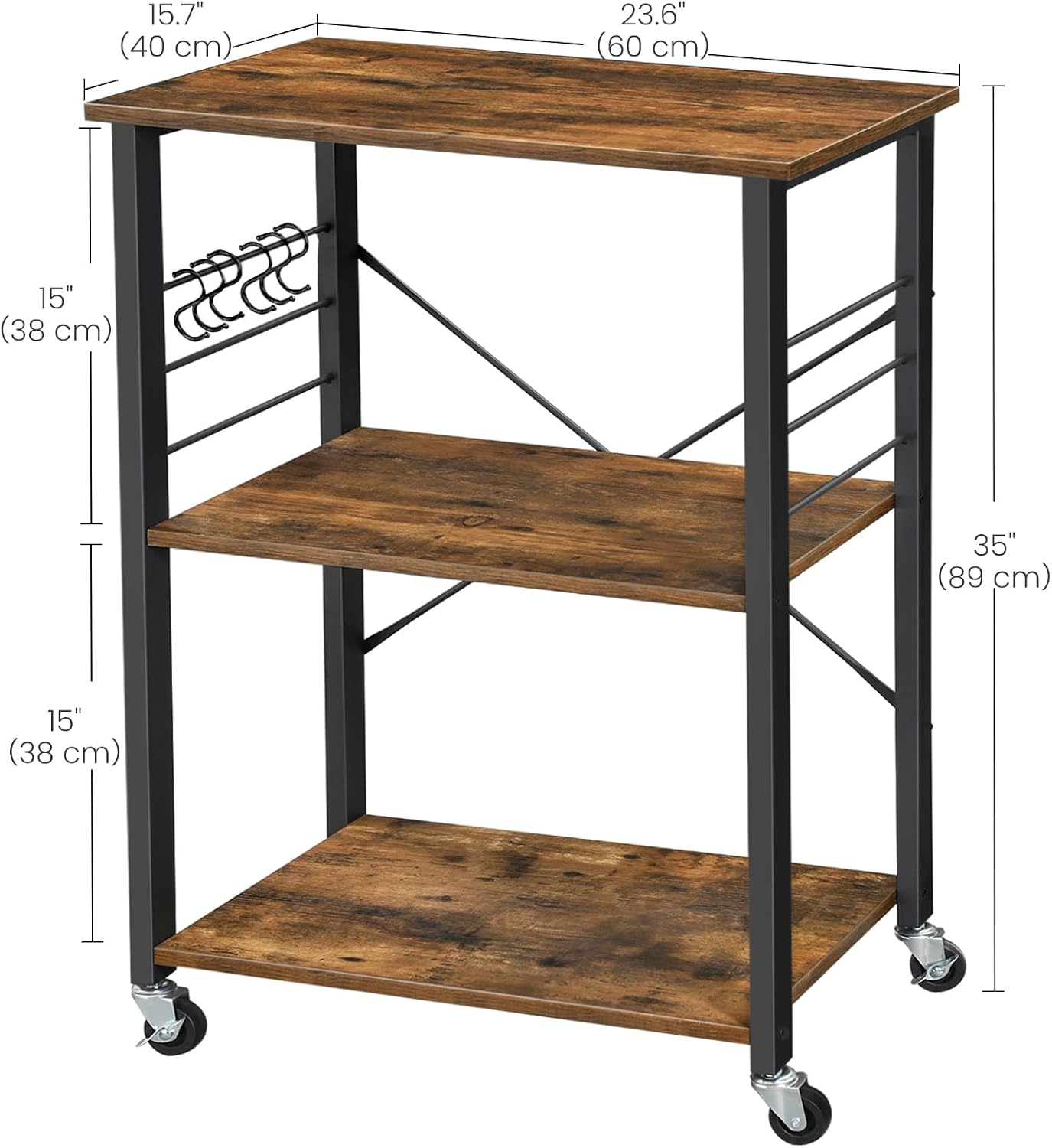 VASAGLE – Étagère cuisine 3 niveaux, métal, roulettes, 40x60x89cm, KKS60XV1