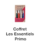 intitulé « Coffret Les Essentiels Primo ». Contient des couteaux à manche coloré dans une boîte de présentation.