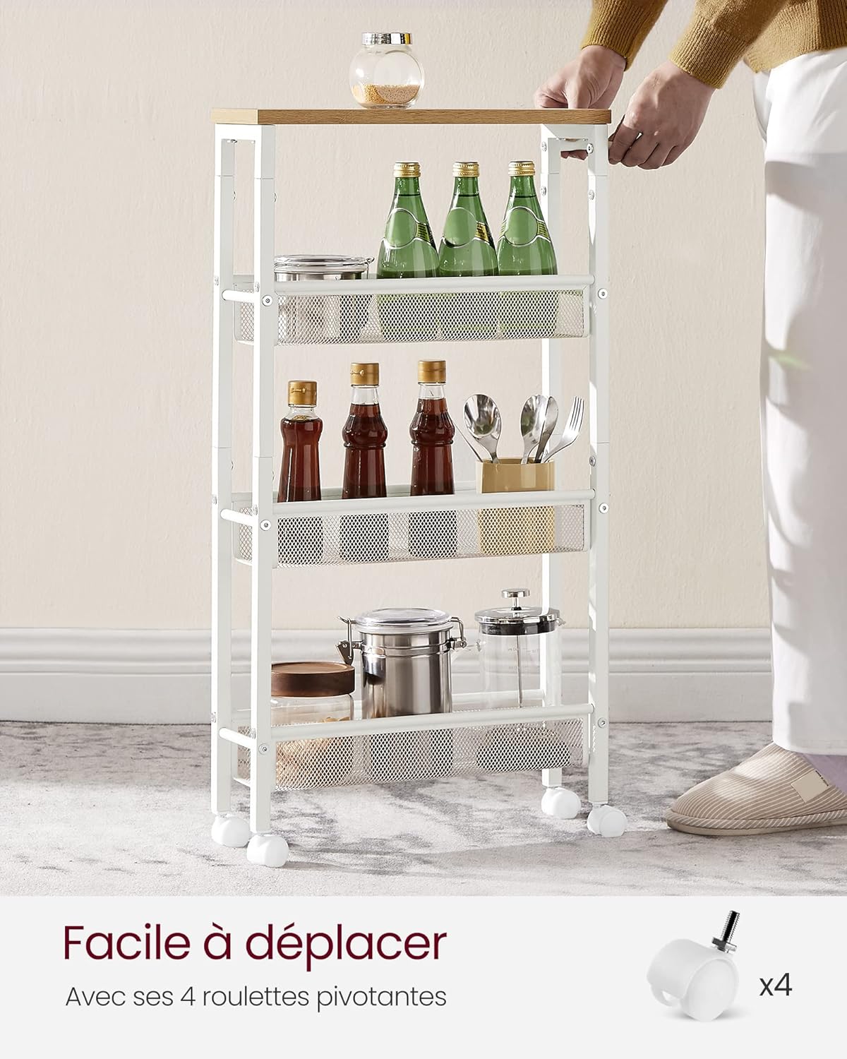 VASAGLE - desserte cuisine 4 niveaux, acier roulettes, 13x45,4x77cm, LRC032W09