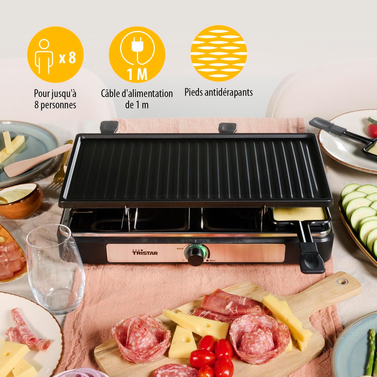 Tristar - Raclette RA-2746 - 42x23 cm - 8 pers, thermostat réglable, 1400W