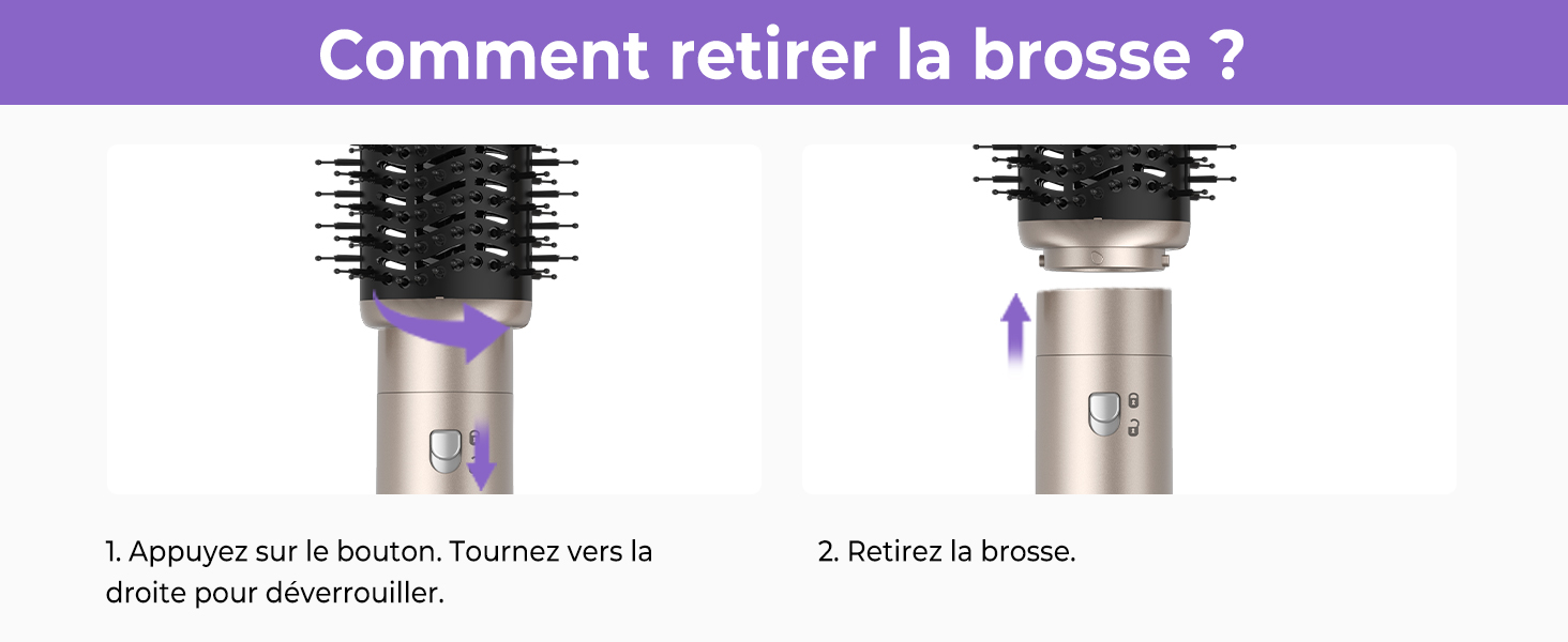 Le texte se lit comme suit : « Comment retirer la brosse ? ». Schéma d'instructions illustrant les étapes de retrait des brosses pour un appareil, avec instructions numérotées en français.