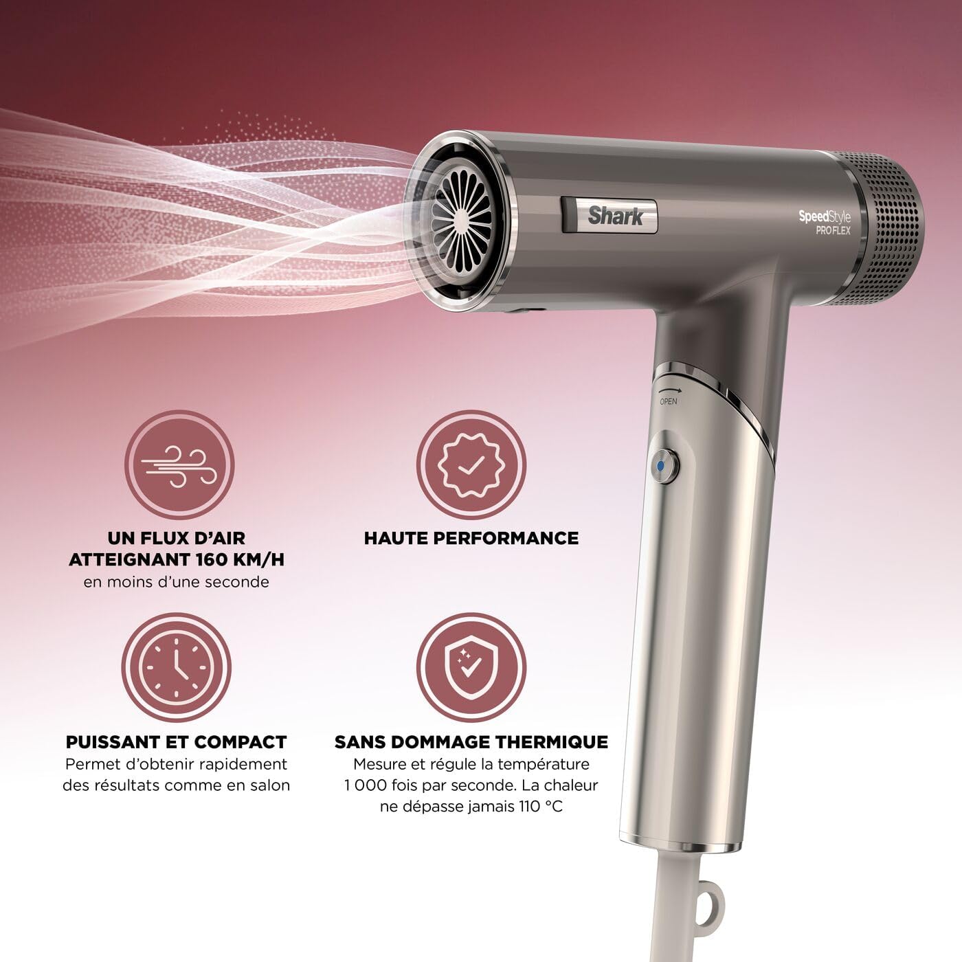 Shark - sèche-cheveux SpeedStyle Pro Flex, léger, ionique, poignée pliante, 4 embouts, moka argent, HD542EU