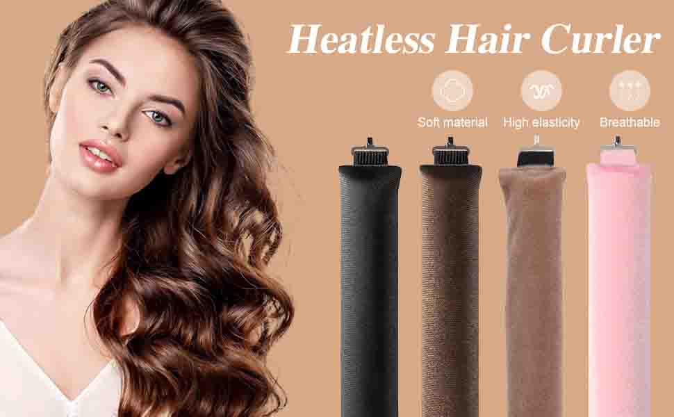 Heatless comprenant quatre bigoudis cylindriques de couleurs noir, marron, beige et rose. Le produit met en avant un matériau doux, une élasticité élevée et une respirabilité