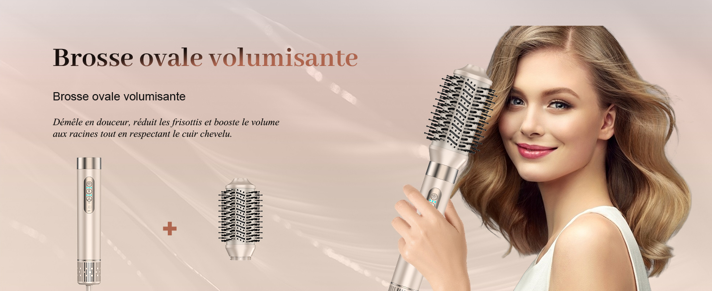 Le texte se lit comme suit : « Brosse ovale volumisante ». Publicité du produit montrant une brosse à coiffer ronde et un résultat de coiffure blond ondulé.