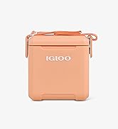 Le texte indique « IGLOO ». Petite glacière ou boîte à lunch de couleur pêche ornée du logo IGLOO de la marque, dotée d'une fermeture zippée et d'une sangle de transport.
