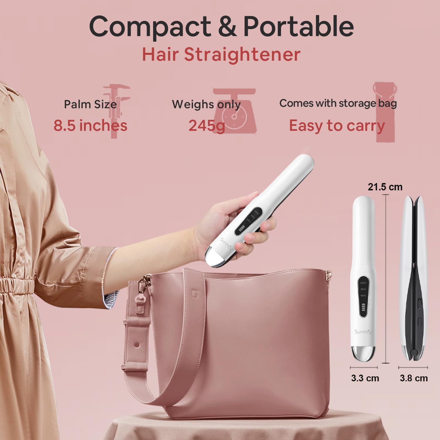 SUNMAY - Voga - mini taille - lisseur boucleur titane, sans fil, 3 T°, USB, 5000mAh