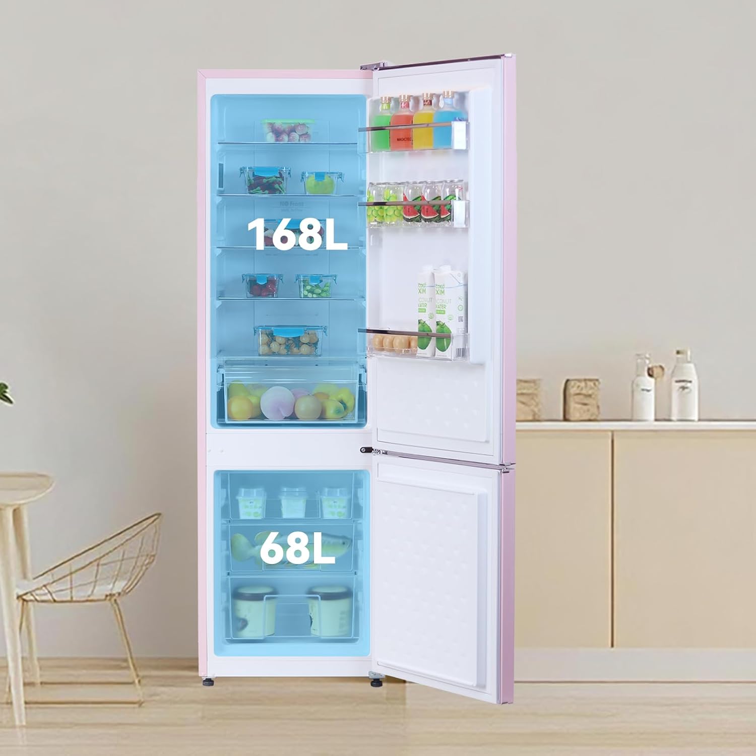 magictec - réfrigérateur vintage, 179 cm, 236L, No Frost, alarme, rose