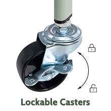 Une roulette pivotante avec une roue en caoutchouc noir, un boîtier métallique et une tige blanche. Dispose d'un mécanisme de verrouillage indiqué par une icône en forme de cadenas