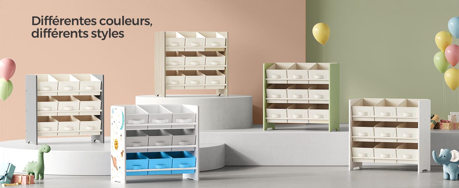 Collection d'unités de rangement modulaires avec bacs à compartiments multiples présentés en différentes couleurs, dont le blanc, le vert et le bleu sur fond neutre.