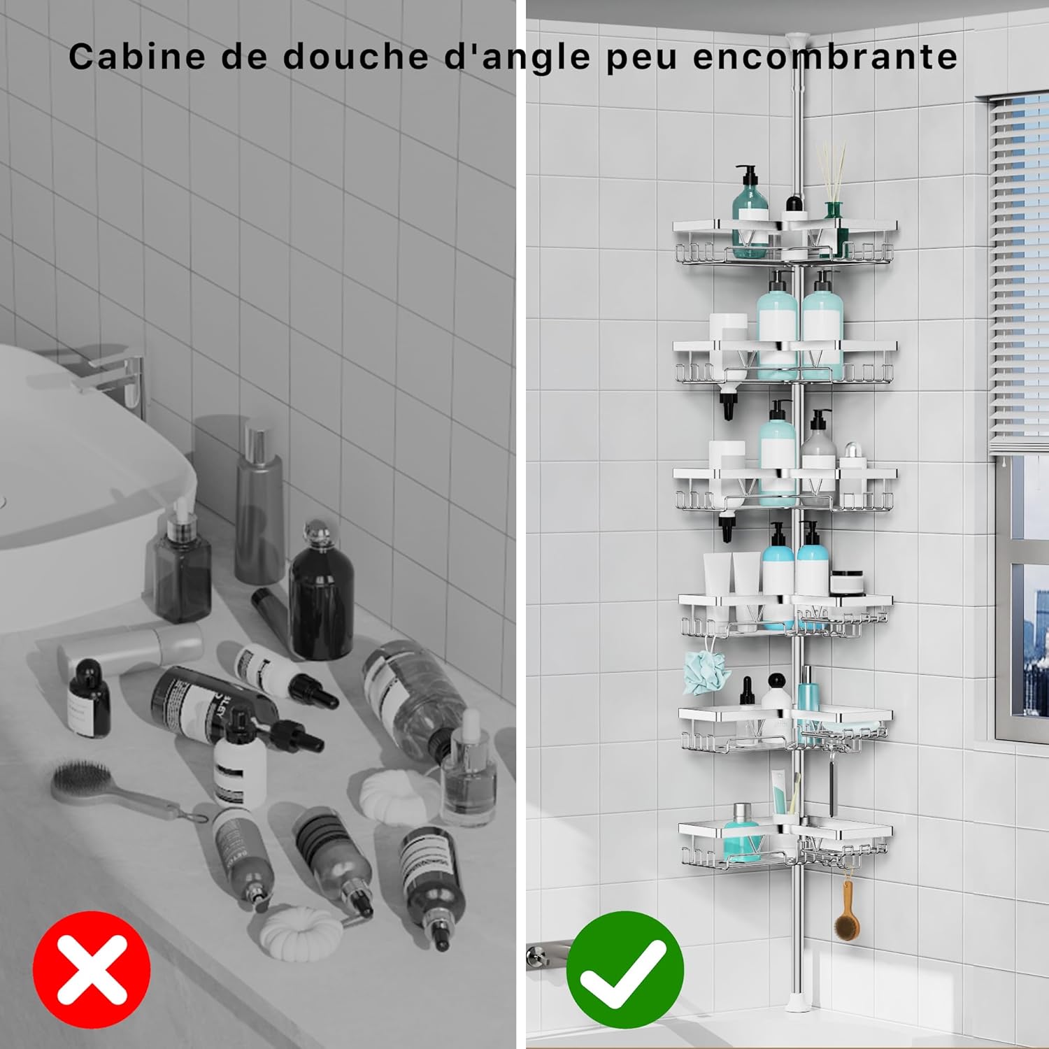 KEGII - étagère douche télescopique - 63,5-290cm - inox, 6 plateaux réglables, argenté, KEGII