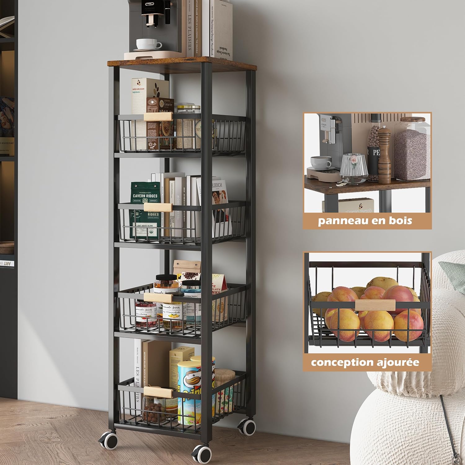 COVAODQ - Étagère à légumes 5 niveaux, métal, roulettes, 107x30.5x39 cm - COVAODQ