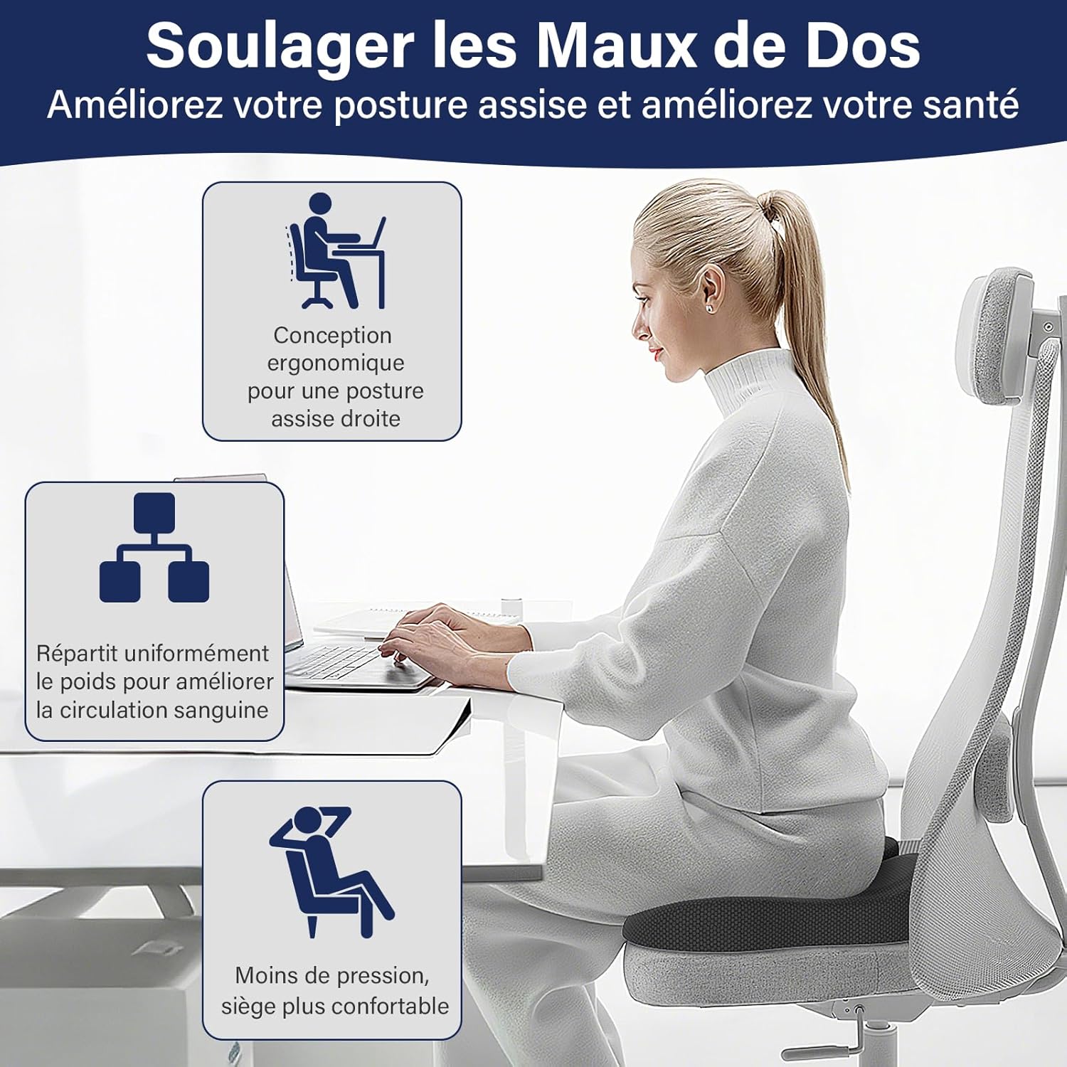 Coussin siège ergonomique - soulage coccyx et sciatique, noir, confort bureautique