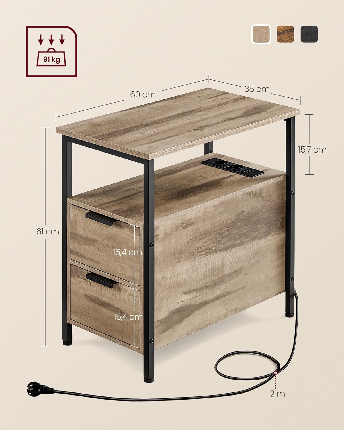 VASAGLE - table d’appoint, 2 tiroirs, multiprise, rangement, 35x30x60 cm, LET325K01