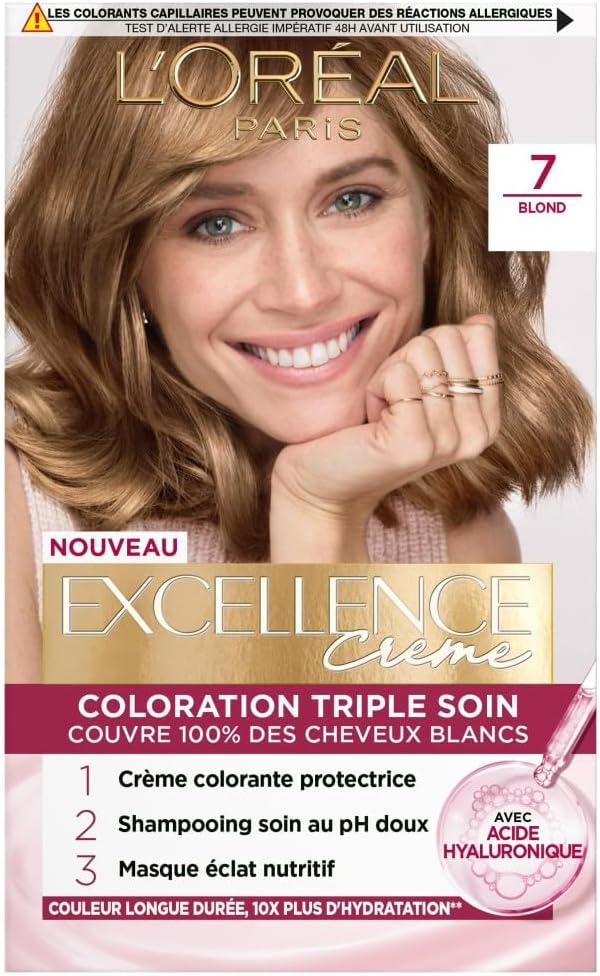 L'Oréal Paris - Excellence Crème - Blond (7) - Coloration cheveux, 100% couvre cheveux blancs
